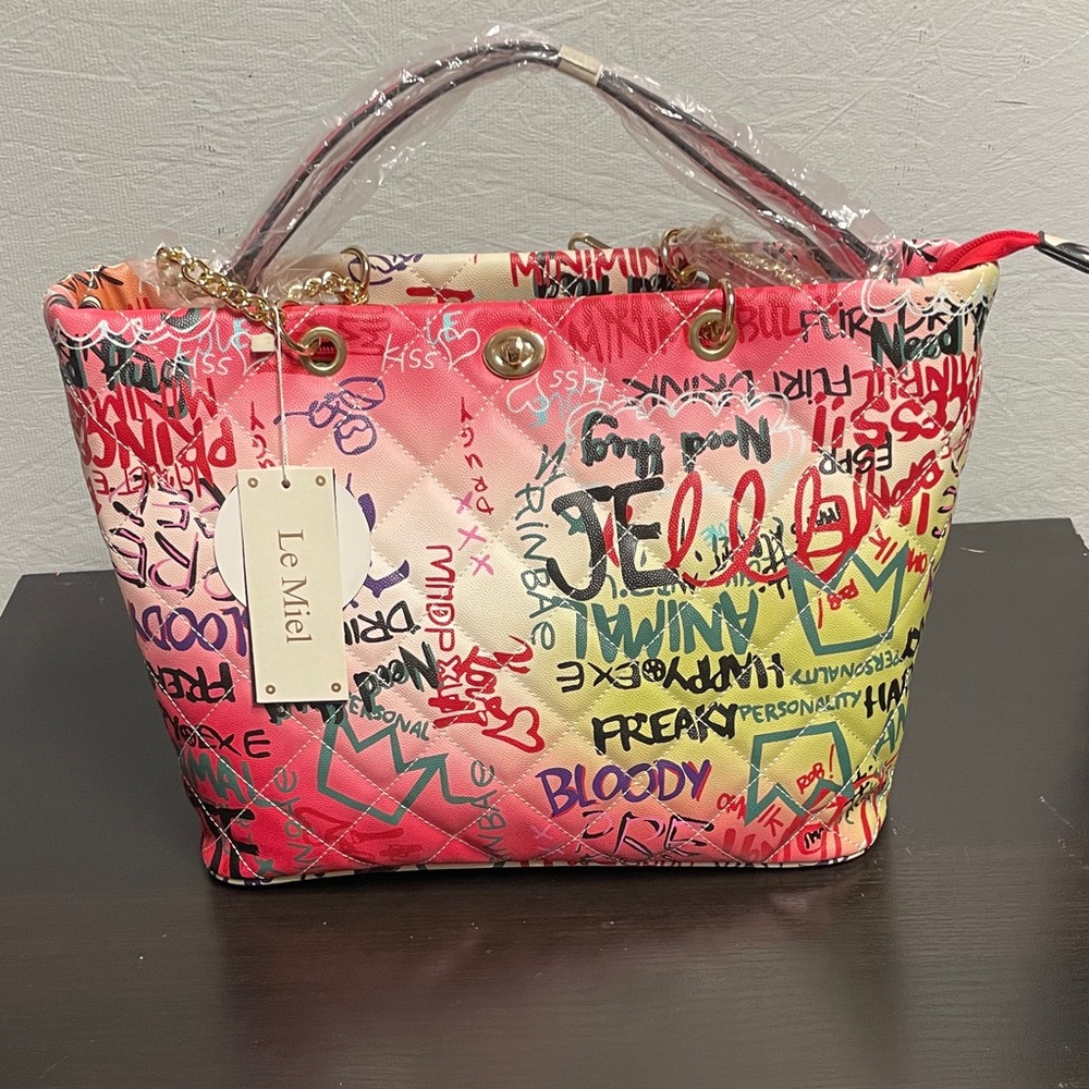 Graffiti Print Tote Bag - Pink, Yellow, Red